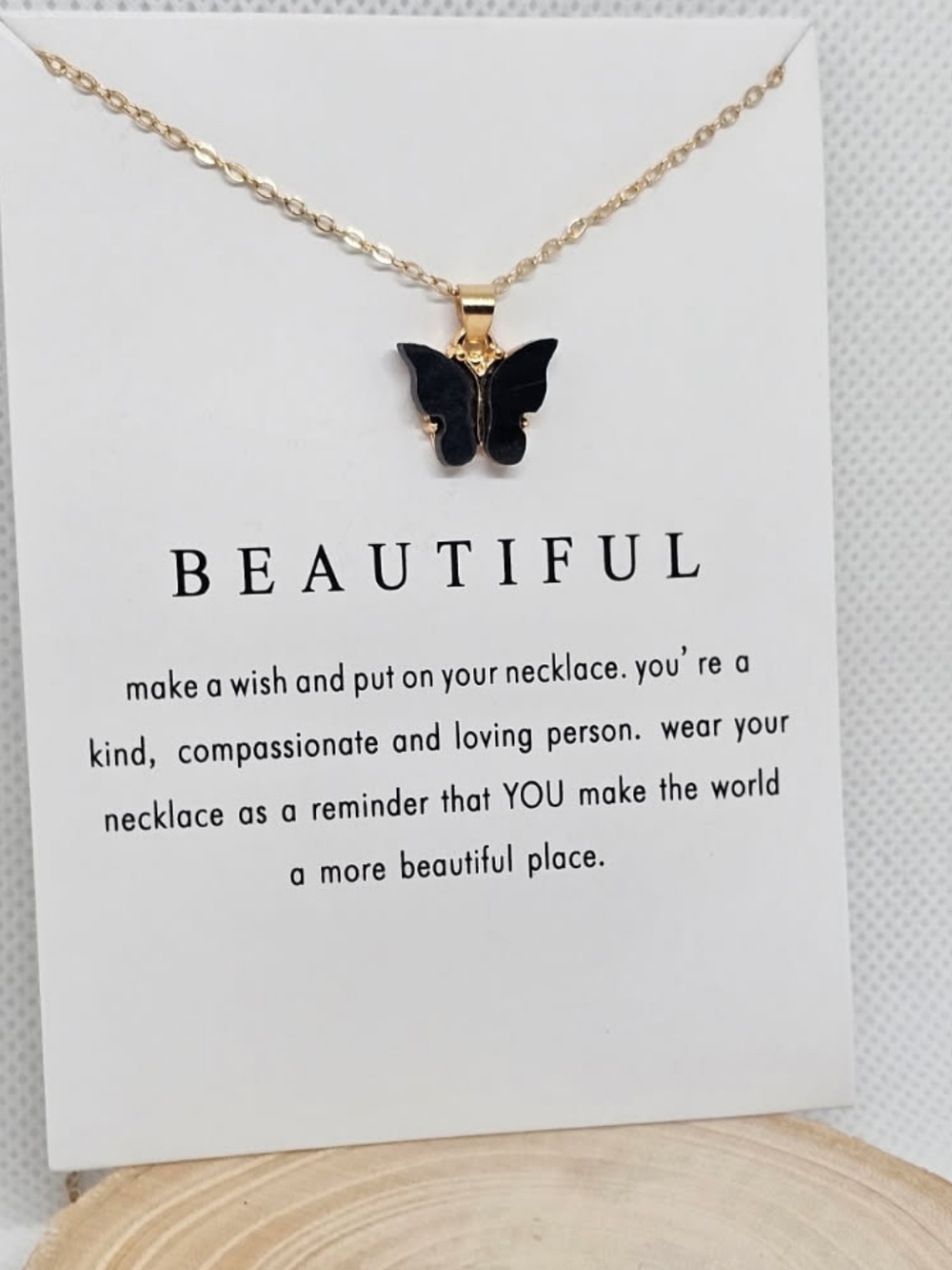 Gold Butterfly Pendant Necklace with Black Inlay NEW